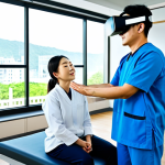 A professional Korean Traditional Medicine rehabilitation therapist, a woman in her 30s, wearing modest, clean professional attire, attentively guiding a middle-aged male patient during a virtual reality (VR) rehabilitation session. The patient, also fully clothed in comfortable athletic wear, is using a VR headset while performing arm movements. The therapist is monitoring his progress on a sleek, futuristic display screen, offering encouraging words with a natural pose. The setting is a bright, modern rehabilitation clinic with state-of-the-art equipment and large windows. The atmosphere is professional and focused on recovery. Perfect anatomy, correct proportions, well-formed hands, proper finger count, natural body proportions, professional photography, high detail, realistic, vibrant colors, safe for work, appropriate content, fully clothed, professional, family-friendly.