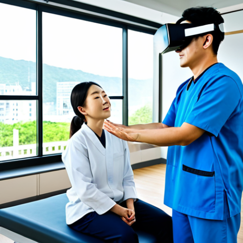 Home 4 A professional Korean Traditional Medicine rehabilitation therapist, a woman in her 30s, wearing modest, clean professional attire, attentively guiding a middle-aged male patient during a virtual reality (VR) rehabilitation session. The patient, also fully clothed in comfortable athletic wear, is using a VR headset while performing arm movements. The therapist is monitoring his progress on a sleek, futuristic display screen, offering encouraging words with a natural pose. The setting is a bright, modern rehabilitation clinic with state-of-the-art equipment and large windows. The atmosphere is professional and focused on recovery. Perfect anatomy, correct proportions, well-formed hands, proper finger count, natural body proportions, professional photography, high detail, realistic, vibrant colors, safe for work, appropriate content, fully clothed, professional, family-friendly.