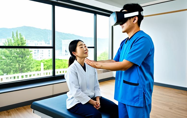 A professional Korean Traditional Medicine rehabilitation therapist, a woman in her 30s, wearing modest, clean professional attire, attentively guiding a middle-aged male patient during a virtual reality (VR) rehabilitation session. The patient, also fully clothed in comfortable athletic wear, is using a VR headset while performing arm movements. The therapist is monitoring his progress on a sleek, futuristic display screen, offering encouraging words with a natural pose. The setting is a bright, modern rehabilitation clinic with state-of-the-art equipment and large windows. The atmosphere is professional and focused on recovery. Perfect anatomy, correct proportions, well-formed hands, proper finger count, natural body proportions, professional photography, high detail, realistic, vibrant colors, safe for work, appropriate content, fully clothed, professional, family-friendly.